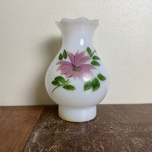 Vintage Milk Glass Ruffle Accent Hand Painted Pink‎ Floral Glass Lamp Shade
